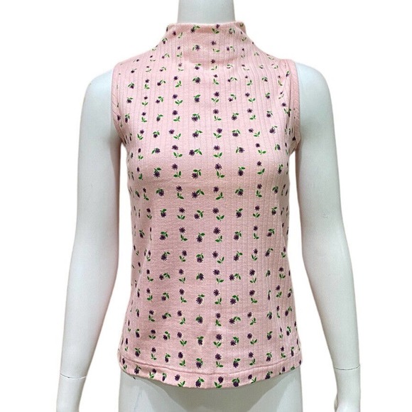 Vintage Pink Flower Sleeveless Mock Neck Ribbed Top - Picture 1 of 12